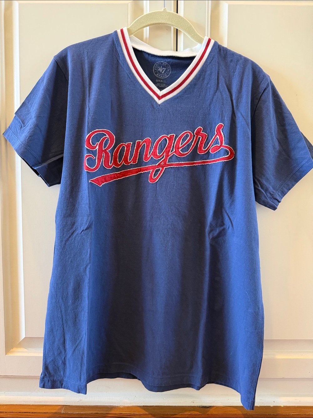 47 Blue Texas Rangers Short-Sleeve Top with Red Script - small